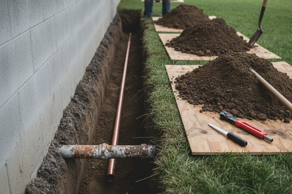 Excavated water line trench during Water Softener Installation in Maspeth
